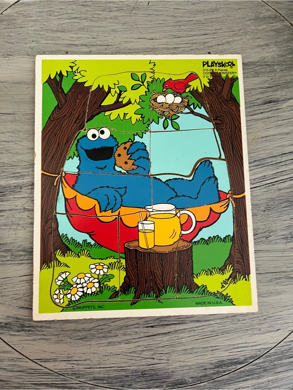 Vintage 1988 Playskool Sesame Street Cookie  Monster Wooden Puzzle - 9 Pieces